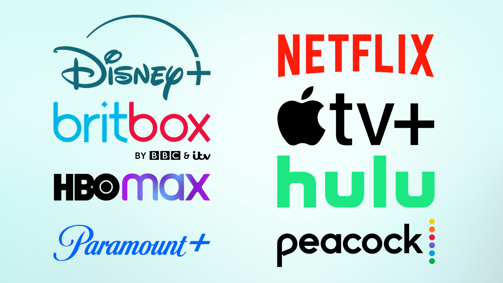 AppleTV+, BritBox, Disney+, Hulu, Paramount+, Netflix, HBOMax, and Peacock streaming logos